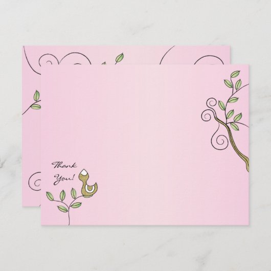 赤ちゃんシャワーピンクサンキューカード、"金ゴールド鳥" サンキューカード (正面/裏面)