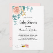 赤ちゃんシャワーピンクフローラ緑かわいいママbee 招待状 (正面/裏面)