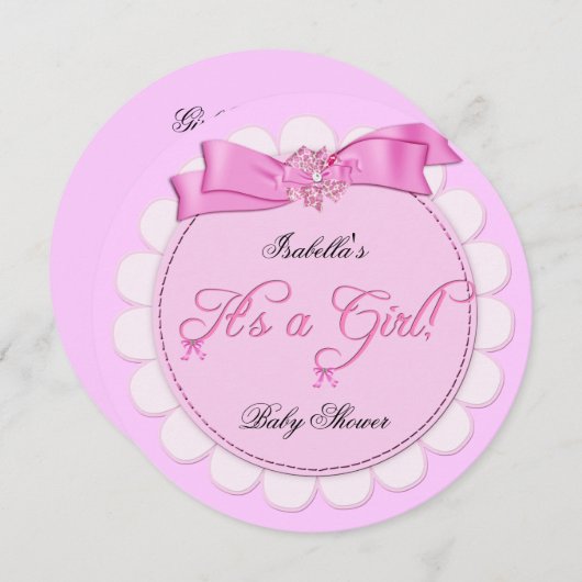赤ちゃんシャワーピンク少女かわいい女の子 招待状 (正面/裏面)