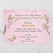 赤ちゃんシャワーピンク招待状「金ゴールド鳥」 招待状 (正面/裏面)