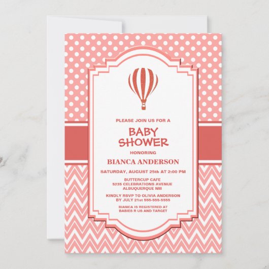 赤ちゃんシャワーピンク熱気球 招待状 (正面)