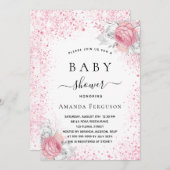 赤ちゃんシャワーピンク白グリッター女の子フローラ 招待状