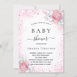 赤ちゃんシャワーピンク白グリッター女の子フローラ 招待状