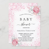 赤ちゃんシャワーピンク白グリッター女の子フローラ 招待状 (正面/裏面)