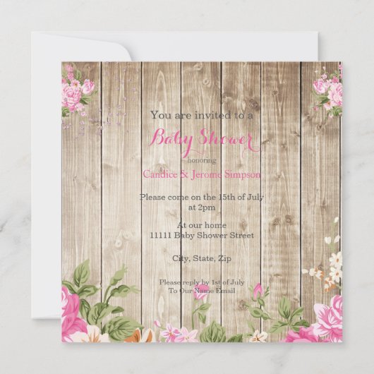 赤ちゃんシャワーピンク素朴フローラウッドガールエスニック 招待状 (裏面)