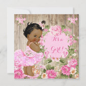 赤ちゃんシャワーピンク素朴フローラウッドガールエスニック 招待状 (正面)