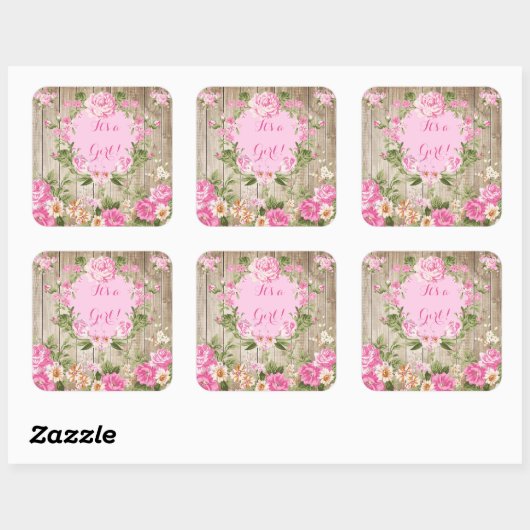 赤ちゃんシャワーピンク素朴フローラウッドガール スクエアシール (シート)