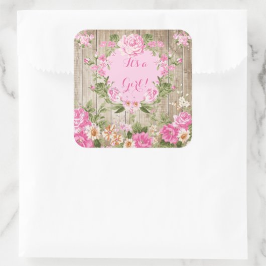 赤ちゃんシャワーピンク素朴フローラウッドガール スクエアシール (バッグ)
