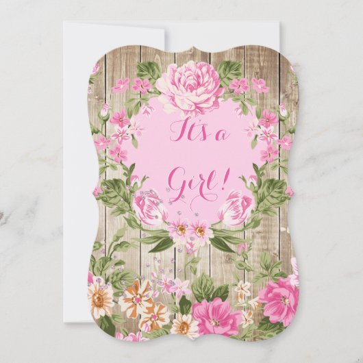 赤ちゃんシャワーピンク素朴フローラウッドガール 招待状 (正面)