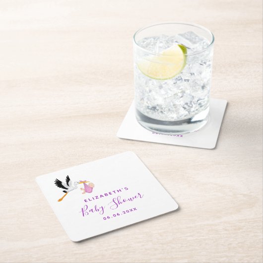 赤ちゃんシャワーピンク紫の白いコウノトリ スクエアペーパーコースター (インサイチュ)