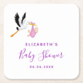 赤ちゃんシャワーピンク紫の白いコウノトリ スクエアペーパーコースター (正面)