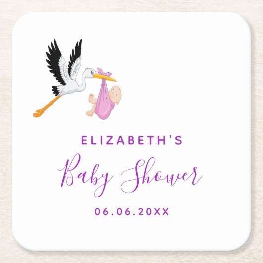 赤ちゃんシャワーピンク紫の白いコウノトリ スクエアペーパーコースター (正面)