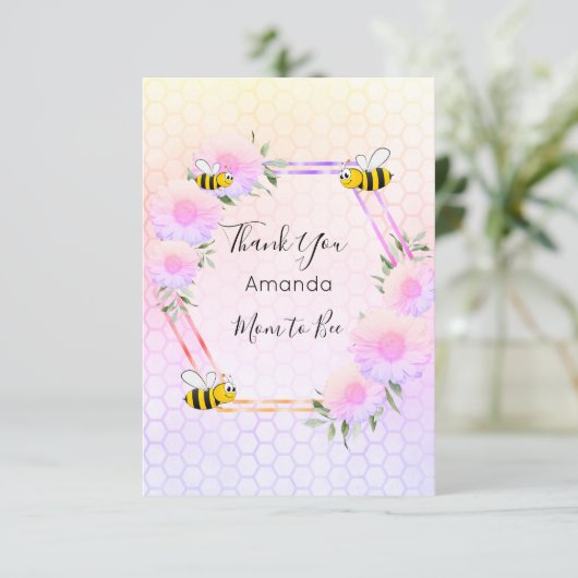 赤ちゃんシャワーピンク紫パステル花模様 サンキューカード (スタンド正面)