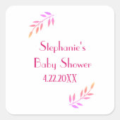 赤ちゃんシャワーピンク葉柄かわいい女ガーリーの子 スクエアシール (正面)