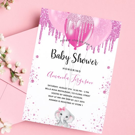 赤ちゃんシャワーピンク象の女の子の白いバルーン 招待状