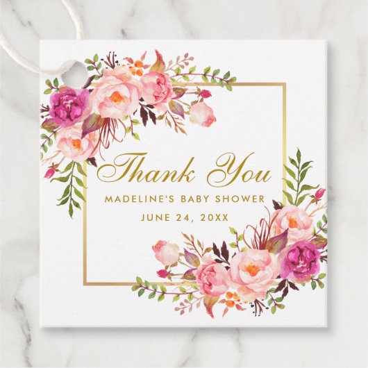 赤ちゃんシャワーピンク赤面フローラ金ゴールドフレームありがとう フェイバータグ (正面)