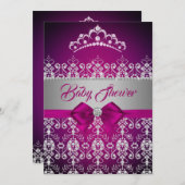 赤ちゃんシャワーピンク輝くダイヤモンドティアラ弓 招待状 (正面/裏面)