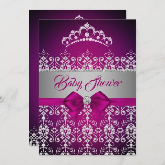 赤ちゃんシャワーピンク輝くダイヤモンドティアラ弓 招待状 (正面/裏面)