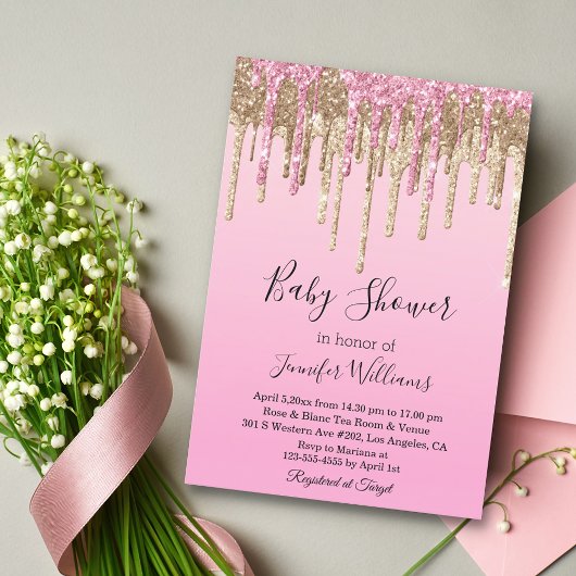 赤ちゃんシャワーピンク金ゴールド滴下グリッター招待 招待状