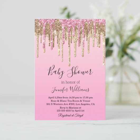 赤ちゃんシャワーピンク金ゴールド滴下グリッター招待 招待状 (スタンド正面)