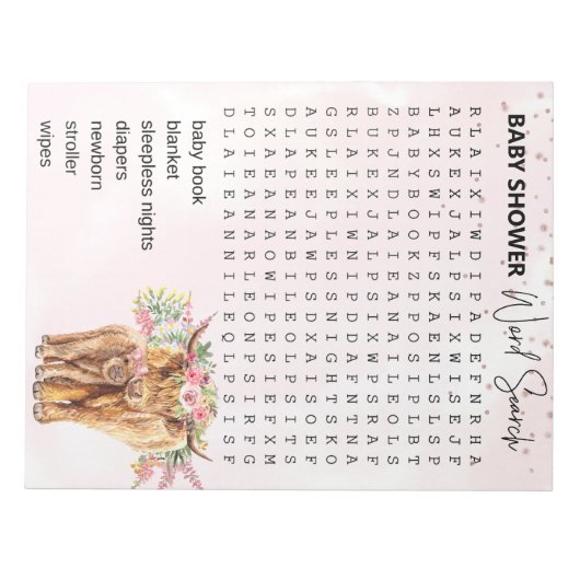 赤ちゃんシャワーピンク高地カウゲームワード検索 ノートパッド (正面)