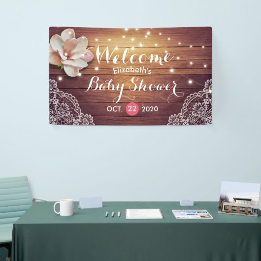 赤ちゃんシャワーフローラストリングライト素朴ウッドレース 横断幕 (トレードショー)