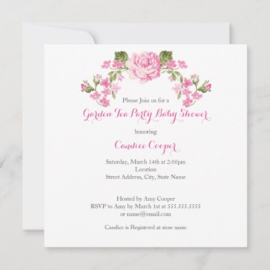 赤ちゃんシャワーフローラバラティーパーティーピンクエスニック 招待状 (裏面)