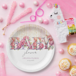 赤ちゃんシャワーフローラレターピンク金ゴールド パーソナライズされた ペーパープレート