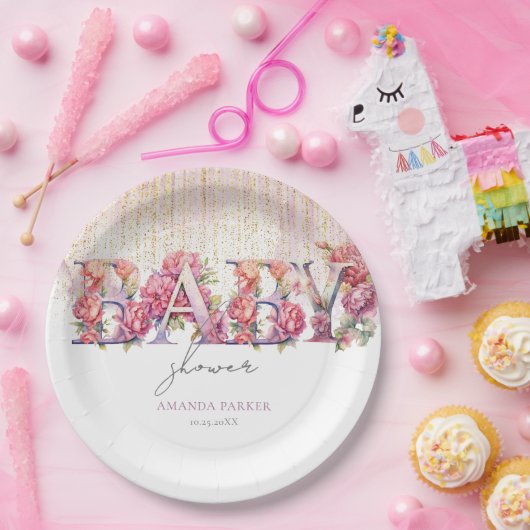 赤ちゃんシャワーフローラレターピンク金ゴールド パーソナライズされた ペーパープレート (パーティー)