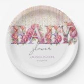 赤ちゃんシャワーフローラレターピンク金ゴールド パーソナライズされた ペーパープレート (正面)