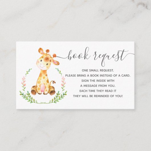 赤ちゃんシャワーブックリクエストカードピンクキリン エンクロージャーカード (正面)