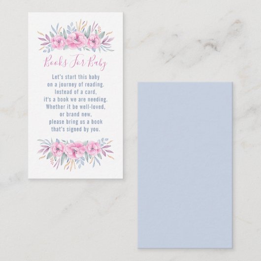 赤ちゃんシャワーブックリクエストピンクの花の水色 エンクロージャーカード (正面/裏面)