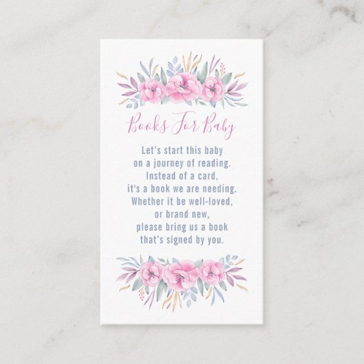 赤ちゃんシャワーブックリクエストピンクの花の水色 エンクロージャーカード (正面)