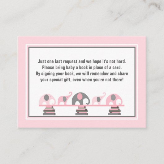 赤ちゃんシャワーブック挿入ピンクの灰色の象 エンクロージャーカード (正面)