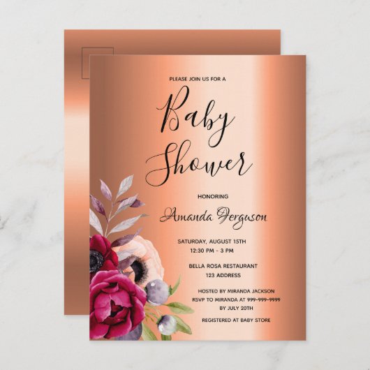 赤ちゃんシャワーブルゴーニュ花模様銅招待 ポストカード (正面/裏面)