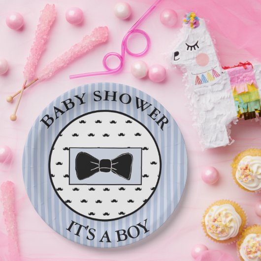 赤ちゃんシャワーブルーの口ひげと蝶ネクタイプレート ペーパープレート (パーティー)