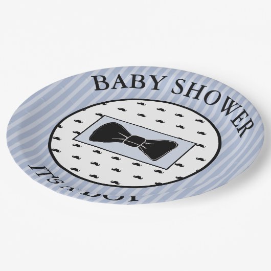 赤ちゃんシャワーブルーの口ひげと蝶ネクタイプレート ペーパープレート (アングル)