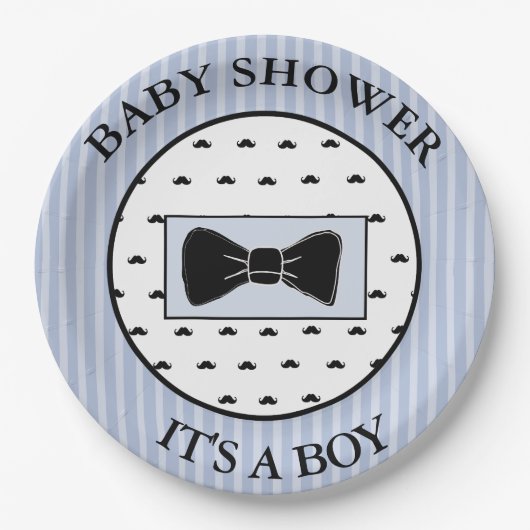 赤ちゃんシャワーブルーの口ひげと蝶ネクタイプレート ペーパープレート (正面)