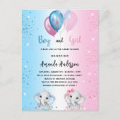 赤ちゃんシャワーブルーピンクの男の子ゾウの双子 インビテーションポストカード (正面)