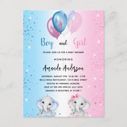 赤ちゃんシャワーブルーピンクの男の子ゾウの双子 インビテーションポストカード (正面)