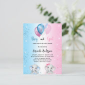 赤ちゃんシャワーブルーピンクの男の子ゾウの双子 インビテーションポストカード (スタンド正面)