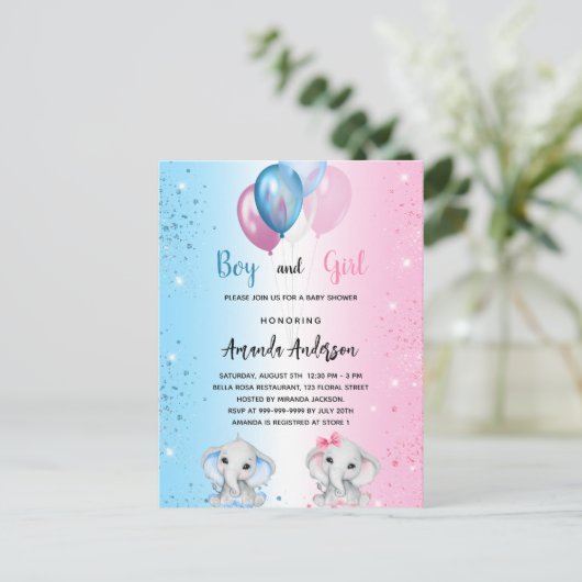 赤ちゃんシャワーブルーピンクの男の子ゾウの双子 インビテーションポストカード (スタンド正面)