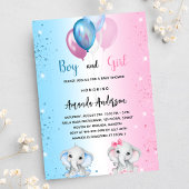 赤ちゃんシャワーブルーピンクの男の子ゾウの双子 招待状