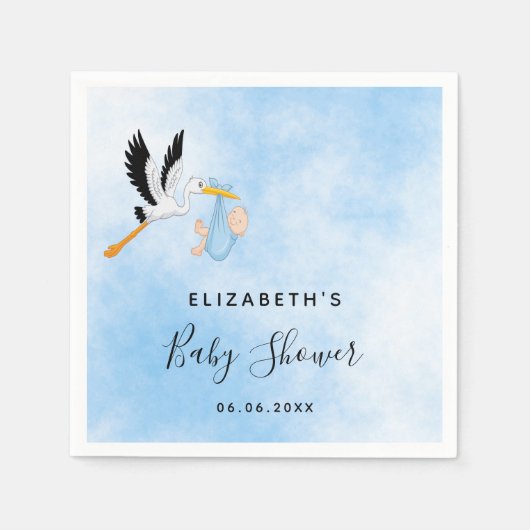 赤ちゃんシャワーブルーボーイコウノトリ名 スタンダードカクテルナプキン (正面)
