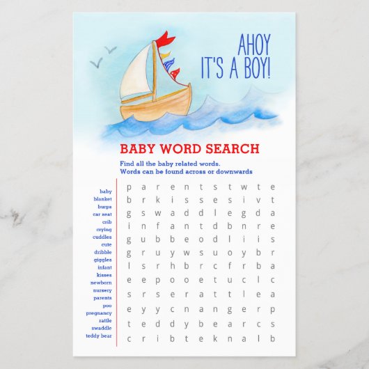 赤ちゃんシャワーブルーレッド単語検索ベビーマッチゲーム チラシ (正面)