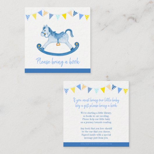 赤ちゃんシャワーブルーロッキングホースのブックリクエストカード エンクロージャーカード (正面/裏面)