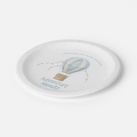 赤ちゃんシャワーブルー熱気球アドベンチャー待ち ペーパープレート (アングル)