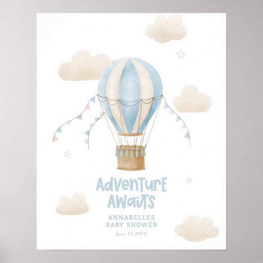 赤ちゃんシャワーブルー熱気球アドベンチャー待ち ポスター (正面)