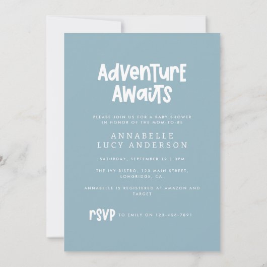 赤ちゃんシャワーブルー熱気球アドベンチャー待ち 招待状 (裏面)