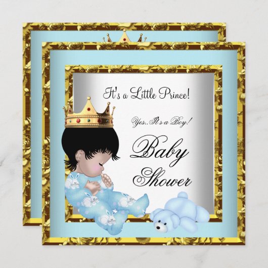 赤ちゃんシャワーブルー金ゴールド少年の王子様2 招待状 (正面/裏面)